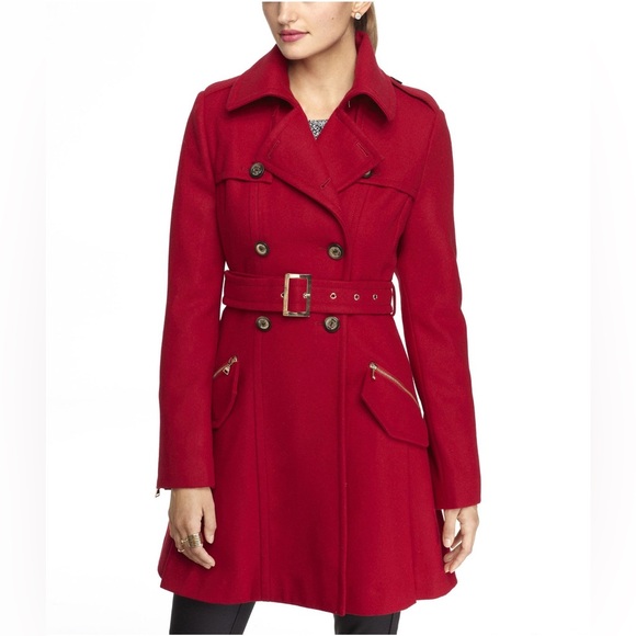 Express Wool Blend Fit And Flare Trench Coat In Red - Picture 1 of 13